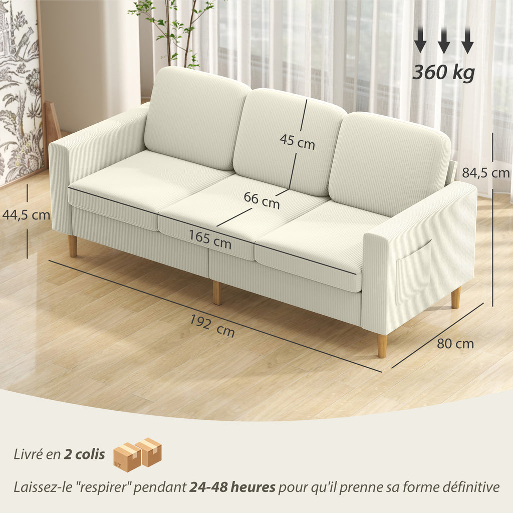 Canapé 3 places en velours côtelé, canapé avec coussins à ressorts et assise rembourré, 192x80x84,5cm, beige