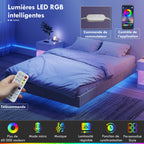 Cadre de lit flottant 140 x 190 cm avec éclairage LED, lit double rembourré en lin, sommier à lattes en bois, beige