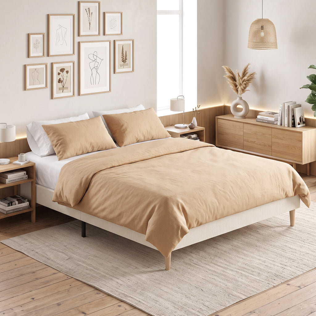 Cadre de Lit 140 x 190 cm avec Sommier, Lit Double Rembourré en Velours Côtelé, Espace de Rangement Au-Dessous, Crème