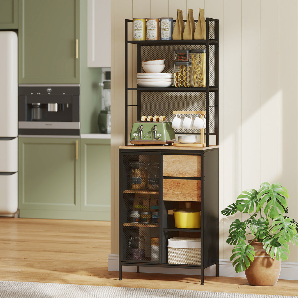 Buffet, armoire de cuisine, plan de travail, porte coulissante, tiroirs et étagères ouvertes, 60x40x180cm, bois naturel