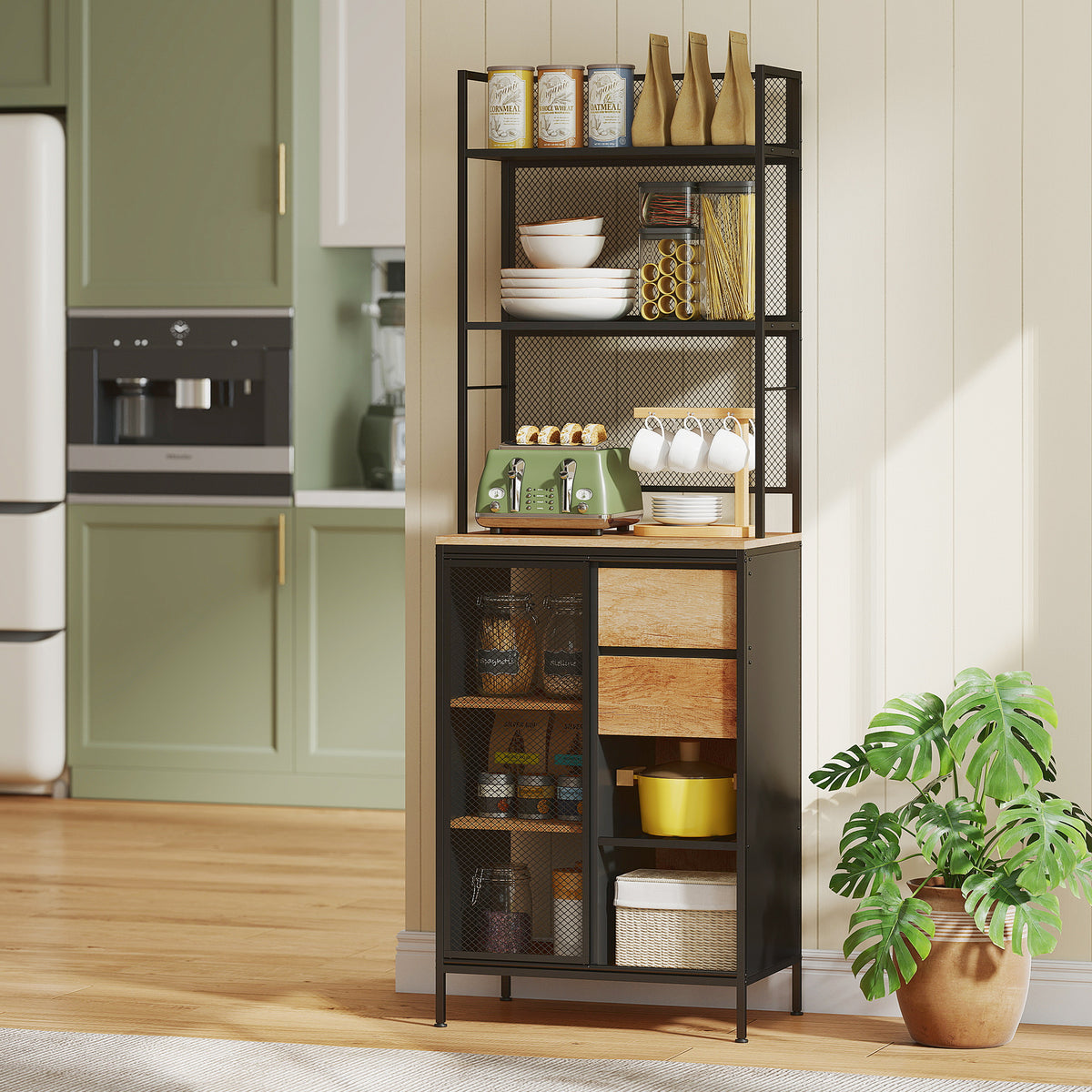 Buffet, armoire de cuisine, plan de travail, porte coulissante, tiroirs et étagères ouvertes, 60x40x180cm, bois naturel