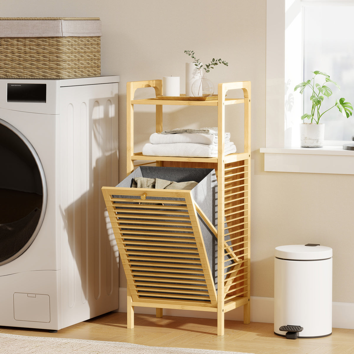Meuble de rangement en bambou meuble de salle de bain étagère panier à linge basculant 40x30x95cm effet bois naturel