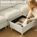 Canapé 3 places avec pouf de rangement, canapé d'angle modulable 210 cm, assise large, tissu aspect lin, crème