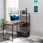 Bureau d'angle avec rangement design Industriel avec bibliothèque 3 étagères panneaux particules aspect noyer