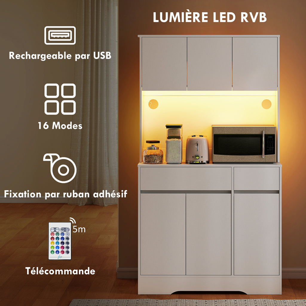 Buffet cuisine meuble cuisine rangement haut avec lumière LED RGB, plan de travail, 6 portes, 2 tiroirs, blanc