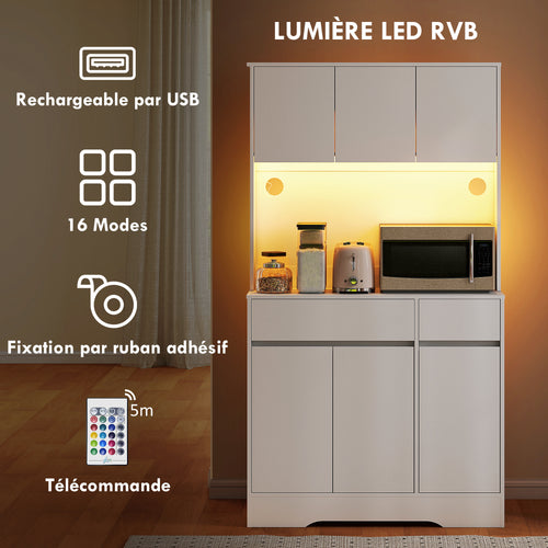 Buffet cuisine meuble cuisine rangement haut avec lumière LED RGB, plan de travail, 6 portes, 2 tiroirs, blanc