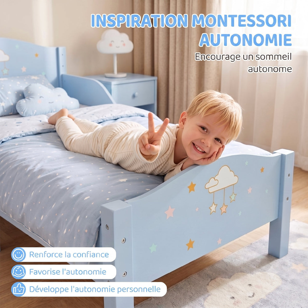 Lit Enfant 70 x 140 cm, Lit pour Enfant avec Barrière de Sécurité et Sommier à Lattes en Bois, Motif Nuage, Bleu