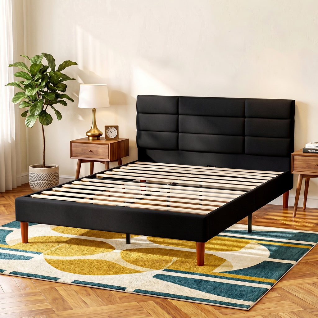 Cadre de Lit 140 x 200 cm avec Sommier Bois, Lit Double Rembourré en Effet Lin, Rangement au-dessous, Sans Bruit, Noir