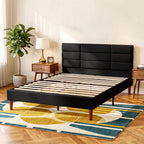 Cadre de Lit 140 x 200 cm avec Sommier Bois, Lit Double Rembourré en Effet Lin, Rangement au-dessous, Sans Bruit, Noir