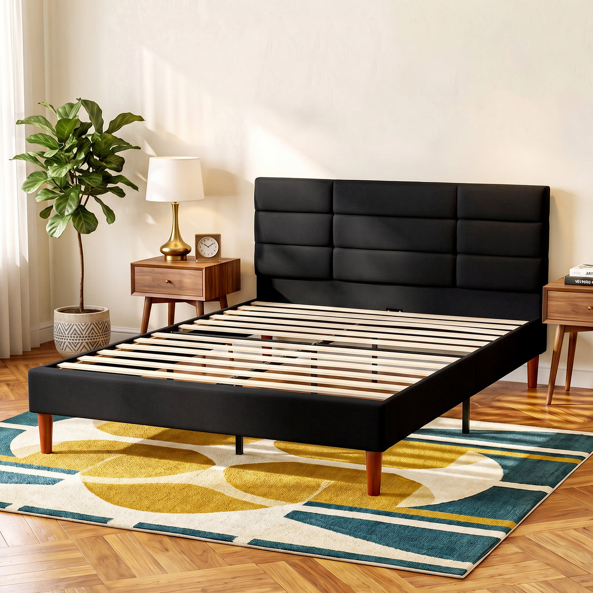 Cadre de Lit 140 x 200 cm avec Sommier Bois, Lit Double Rembourré en Effet Lin, Rangement au-dessous, Sans Bruit, Noir