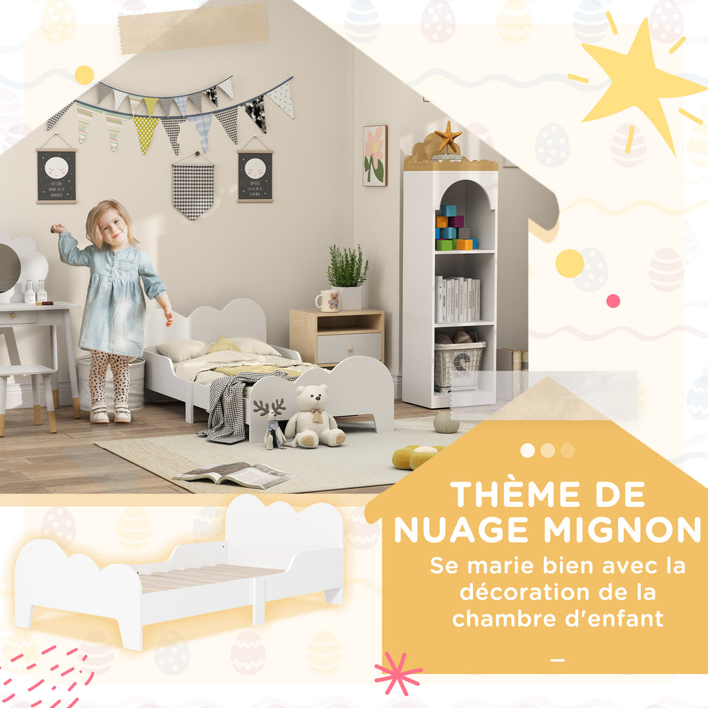Lit enfant lit au sol enfant 70x140 cm avec barrière de sécurité, sommier à lattes inclus et décorations de nuage, blanc
