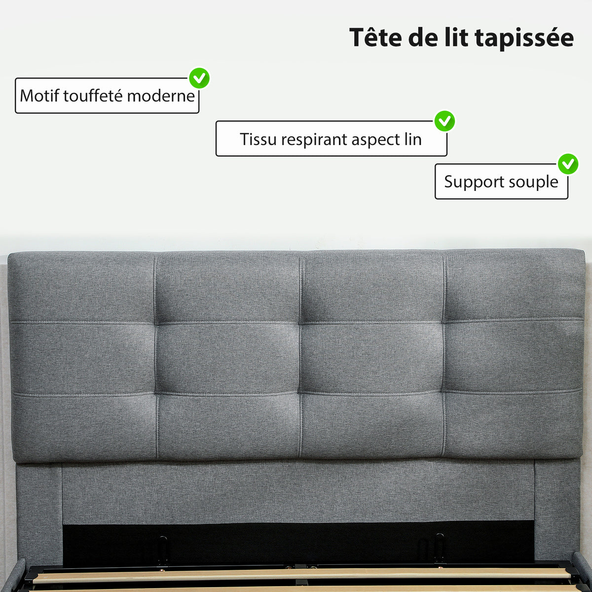 Lit coffre 140x190, cadre de lit double rembourré avec sommier à lattes en bois et rangement cach, sans matelas, gris