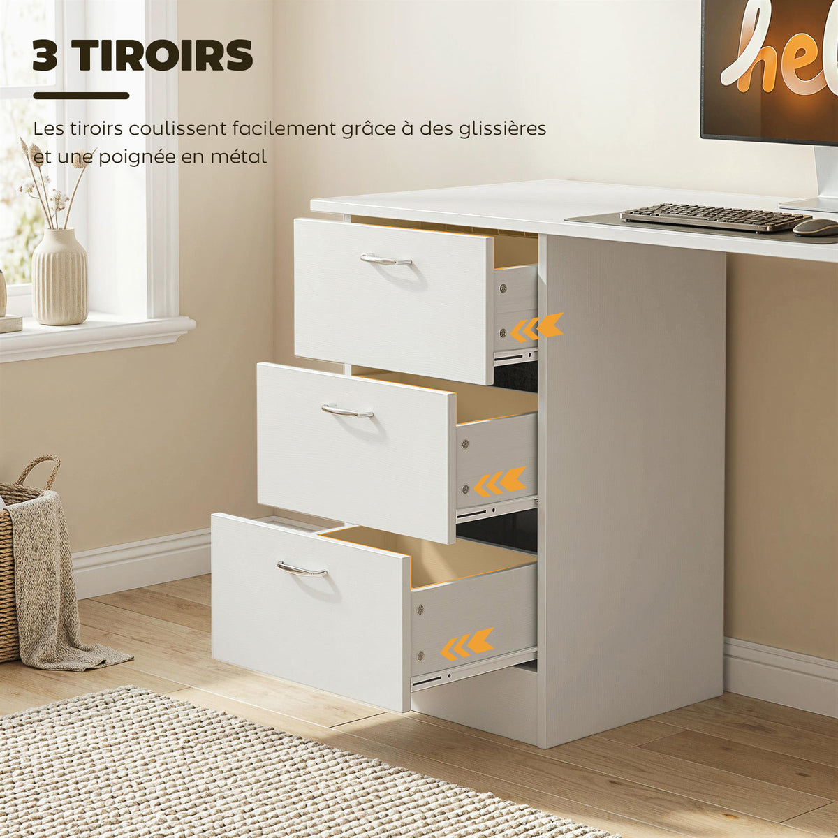 Bureau d'ordinateur avec 3 tiroirs et 3 étagères ouvertes, 120x49x72cm, bureau avec rangement réversible, style moderne, table informatique pour chambre, petit espace, télétravail, blanc