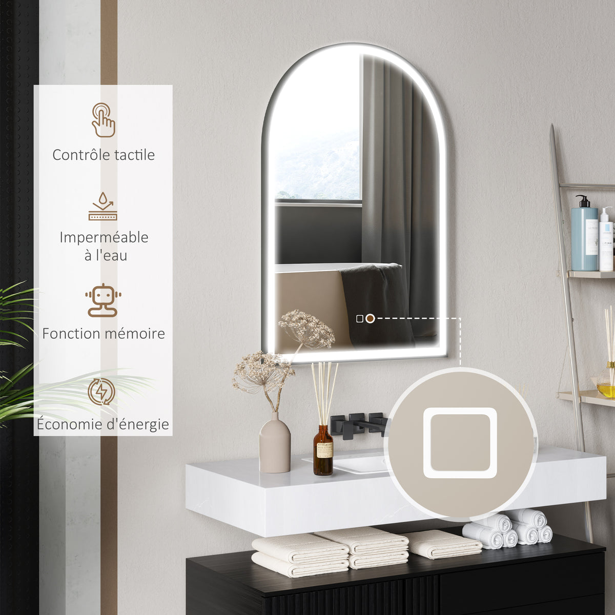 Miroir de salle de bain LED 90 x 60cm, mural, 3 couleurs, arqué cadre en aluminium, désembuage et interrupteur tactile