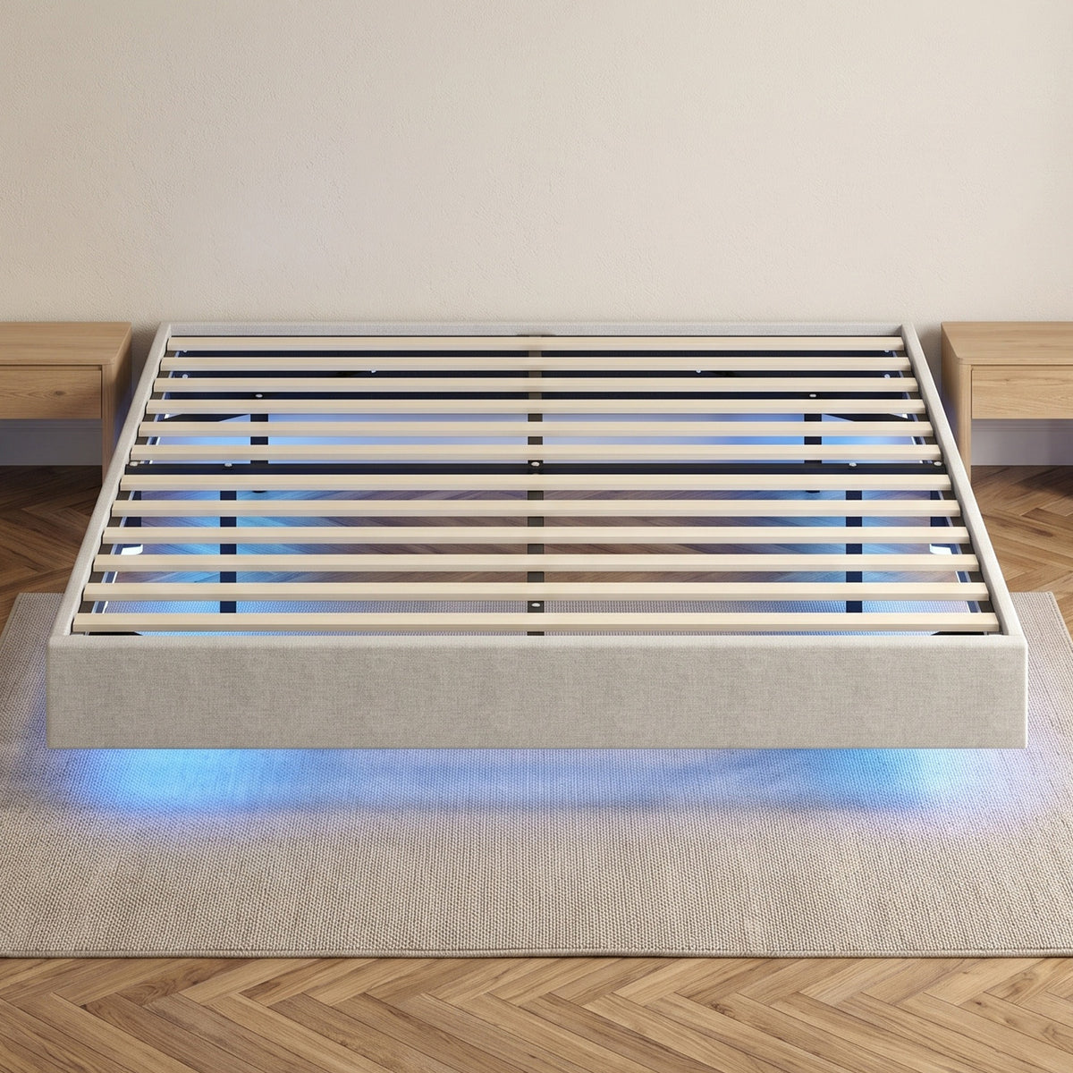 Lit Flottant 160 x 200 cm avec Éclairage LED Intelligent, Cadre de Lit Double Rembourré en Lin, Montage Facile, Beige
