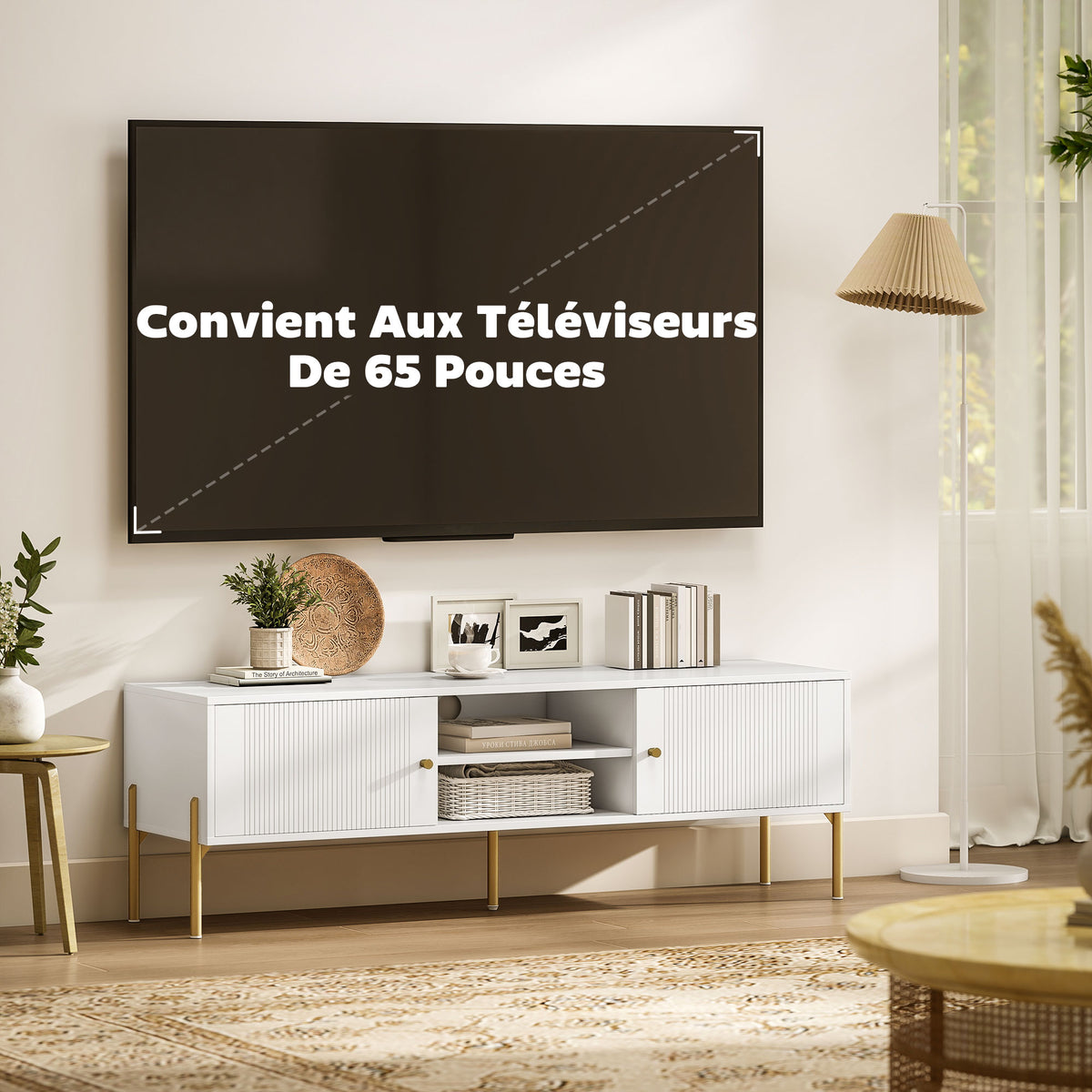 Meuble TV, meuble télé jusqu'à 65 pouces avec 2 portes, 2 compartiments ouverts, pieds en acier, 140x38x45,9cm, blanc