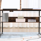 Bureau informatique design industriel - plateau relevable, étagère - panneaux particules aspect vieux bois métal noir