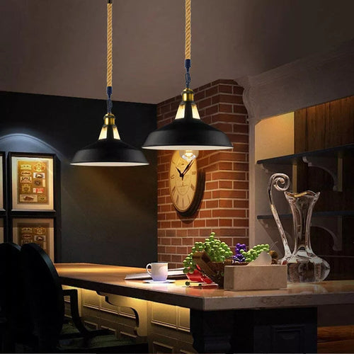 Suspension Luminaire Rétro Métal & Corde de Chanvre - Style Industriel Vintage