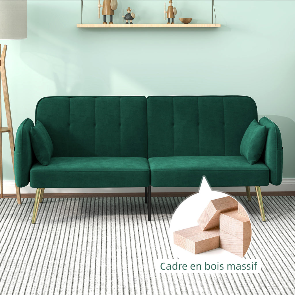 Canapé convertible 2 places canapé-lit canapé clic-clac en tissu velours avec dossier réglable, vert foncé