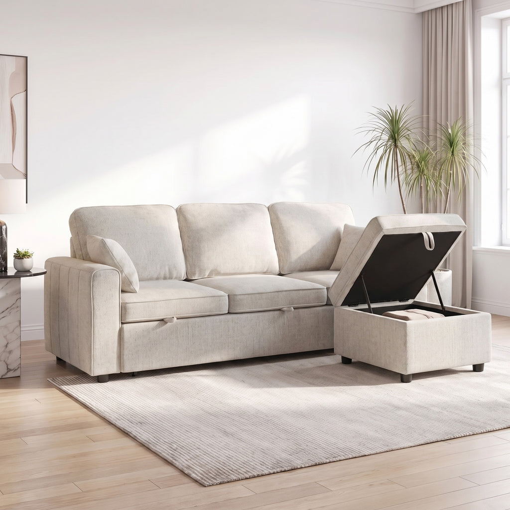 Canapé d'Angle Convertible en Chenille, Canapé-Lit 3 Places Modulaire 225 cm avec Pouf de Rangement, Beige