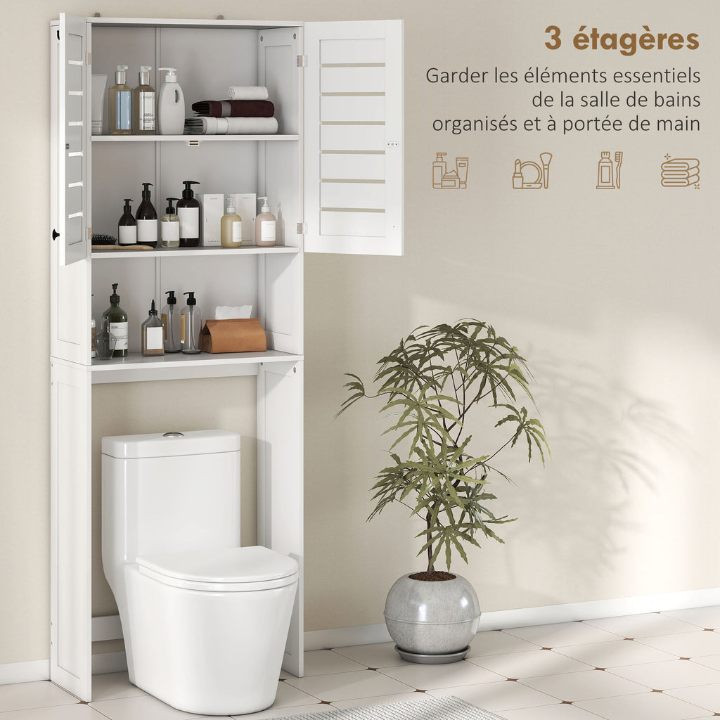 Meuble WC dessus de toilette/machine à laver avec placard à porte double, portes à persiennes, 67x31,5x190cm, blanc