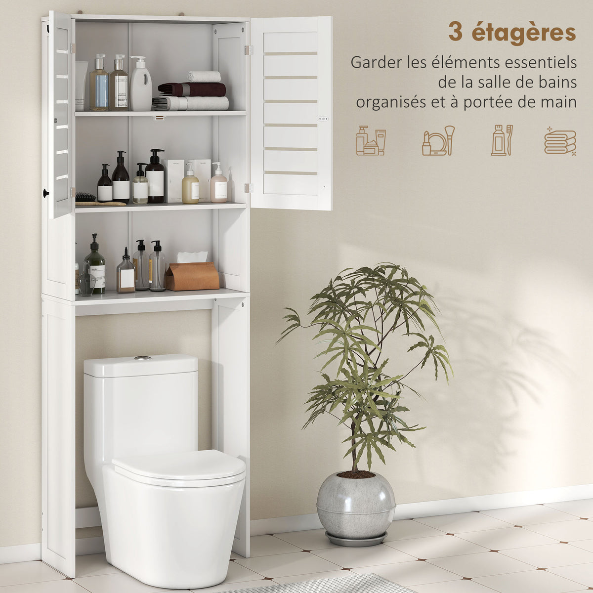 Meuble WC dessus de toilette/machine à laver avec placard à porte double, portes à persiennes, 67x31,5x190cm, blanc