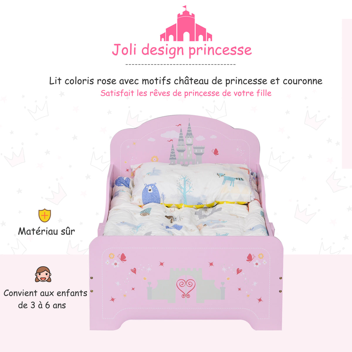 Lit Enfant 140 x 70 cm - lit d'enfant Design Princesse Motif château - sommier à Lattes Inclus - MDF Contre-plaqué Rose