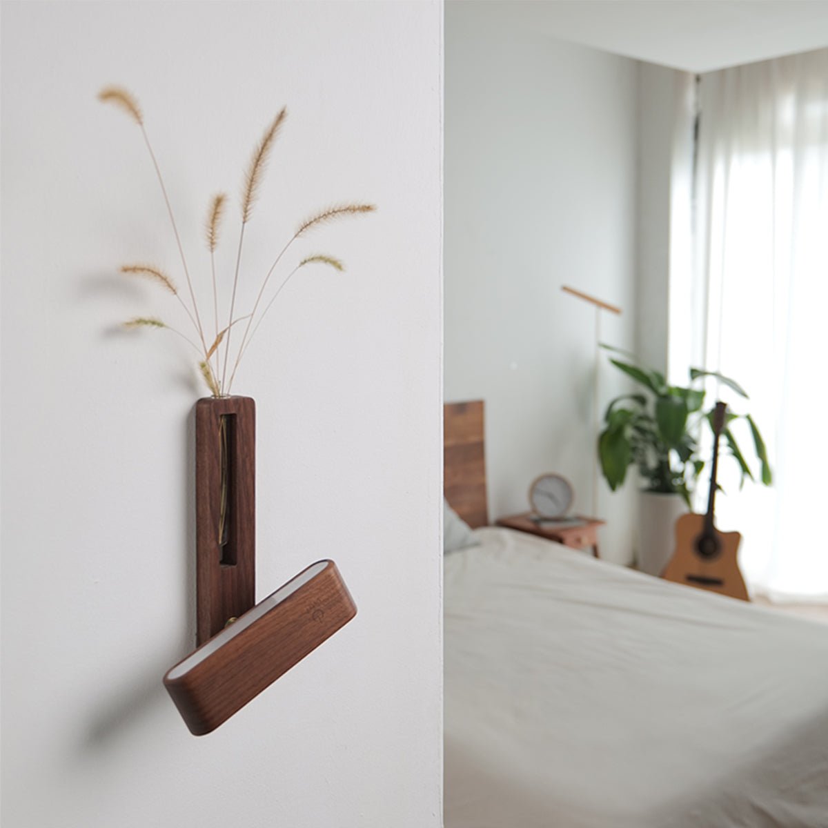 Applique Murale Bois Massif Magnétique – Vase Décoratif & Lampe Tactile Rechargeable