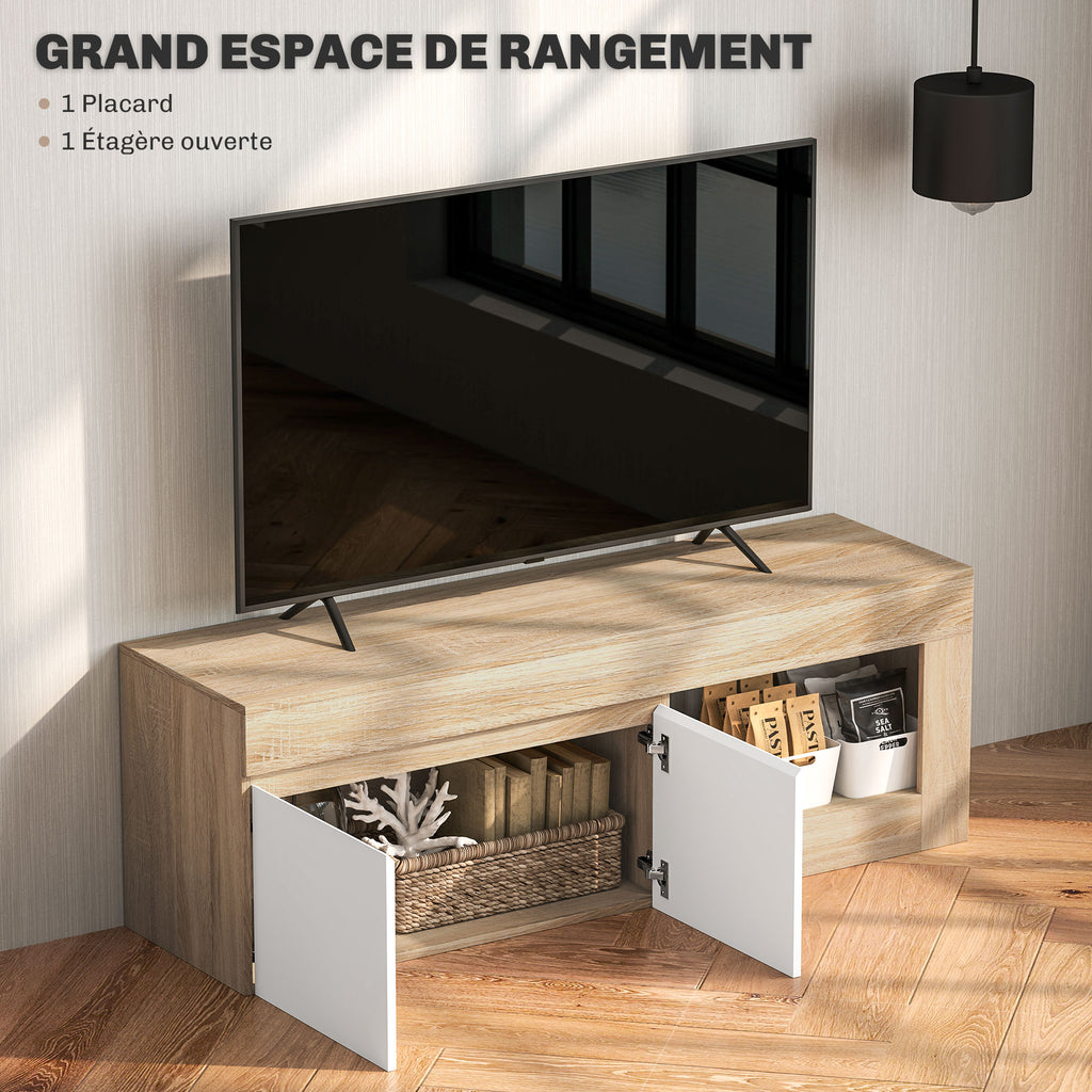 Meuble TV 2 portes pour téléviseurs jusqu'à 60 pouces, meuble télé avec placard et étagère ouverte, effet bois naturel