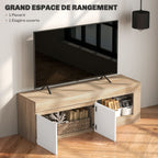Meuble TV 2 portes pour téléviseurs jusqu'à 60 pouces, meuble télé avec placard et étagère ouverte, effet bois naturel