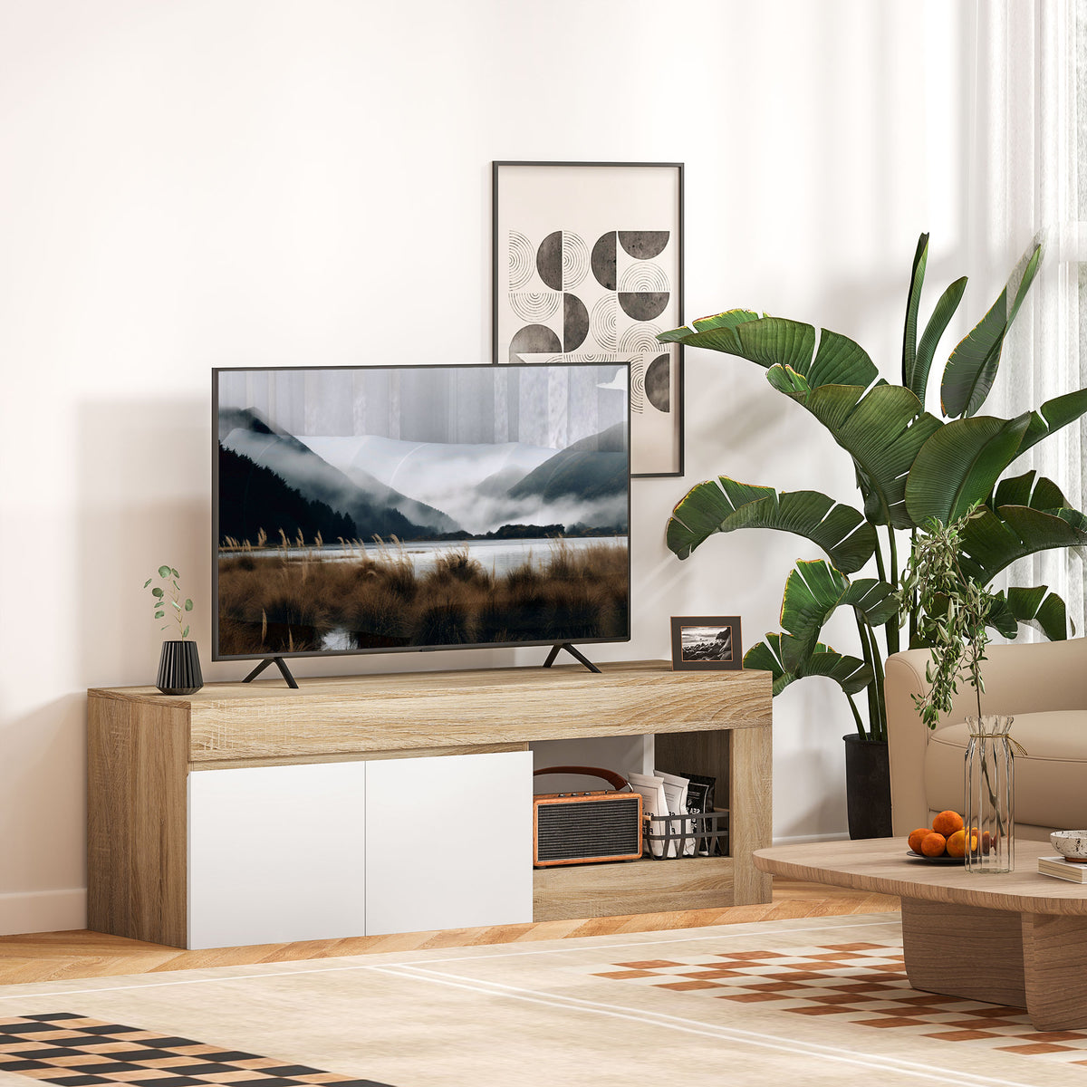Meuble TV 2 portes pour téléviseurs jusqu'à 60 pouces, meuble télé avec placard et étagère ouverte, effet bois naturel