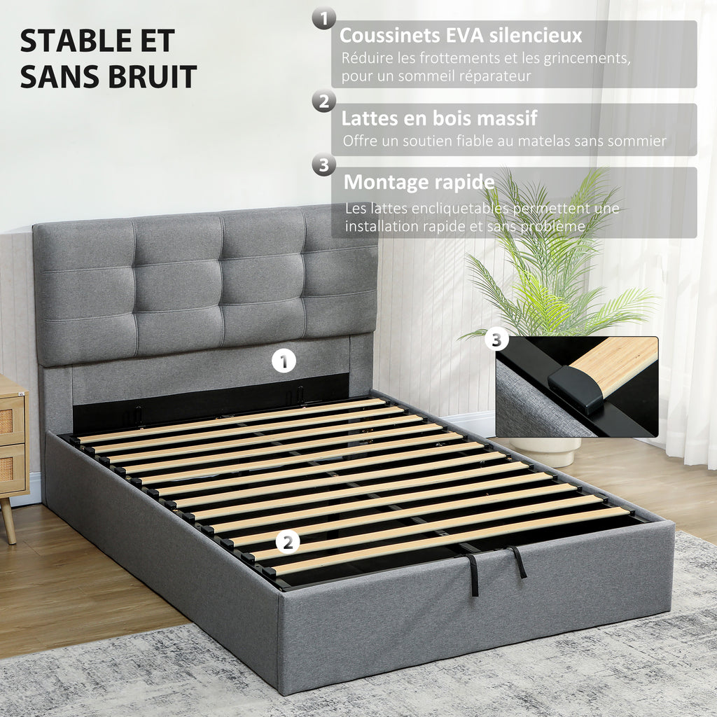 Lit coffre 140x190, cadre de lit double rembourré avec sommier à lattes en bois et rangement cach, sans matelas, gris