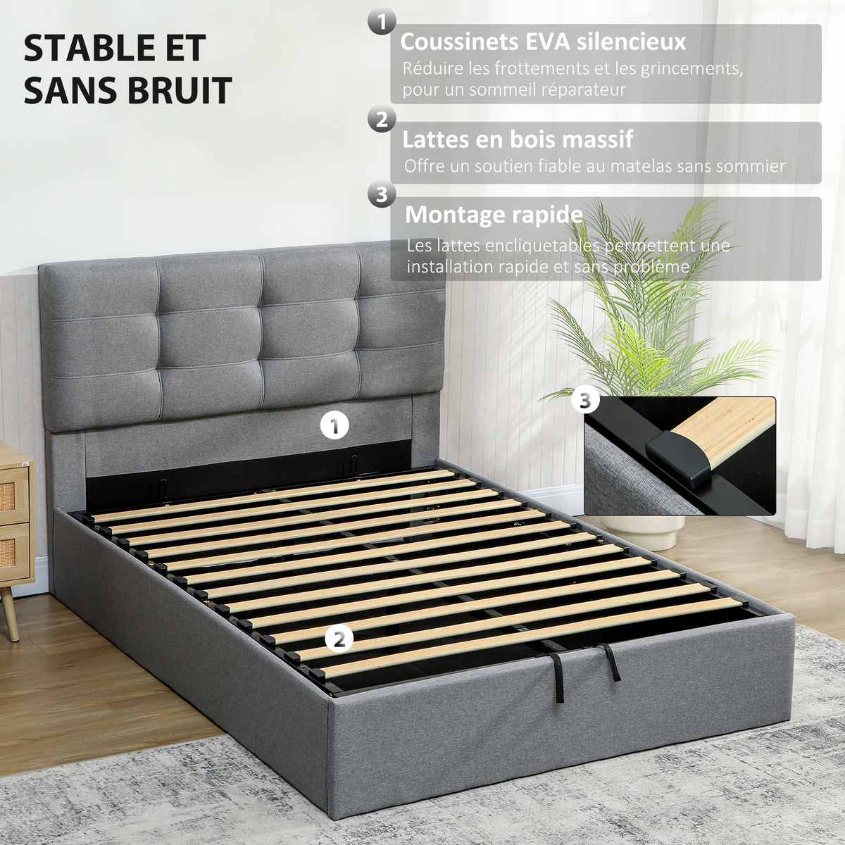 Lit coffre 140x190, cadre de lit double rembourré avec sommier à lattes en bois et rangement cach, sans matelas, gris