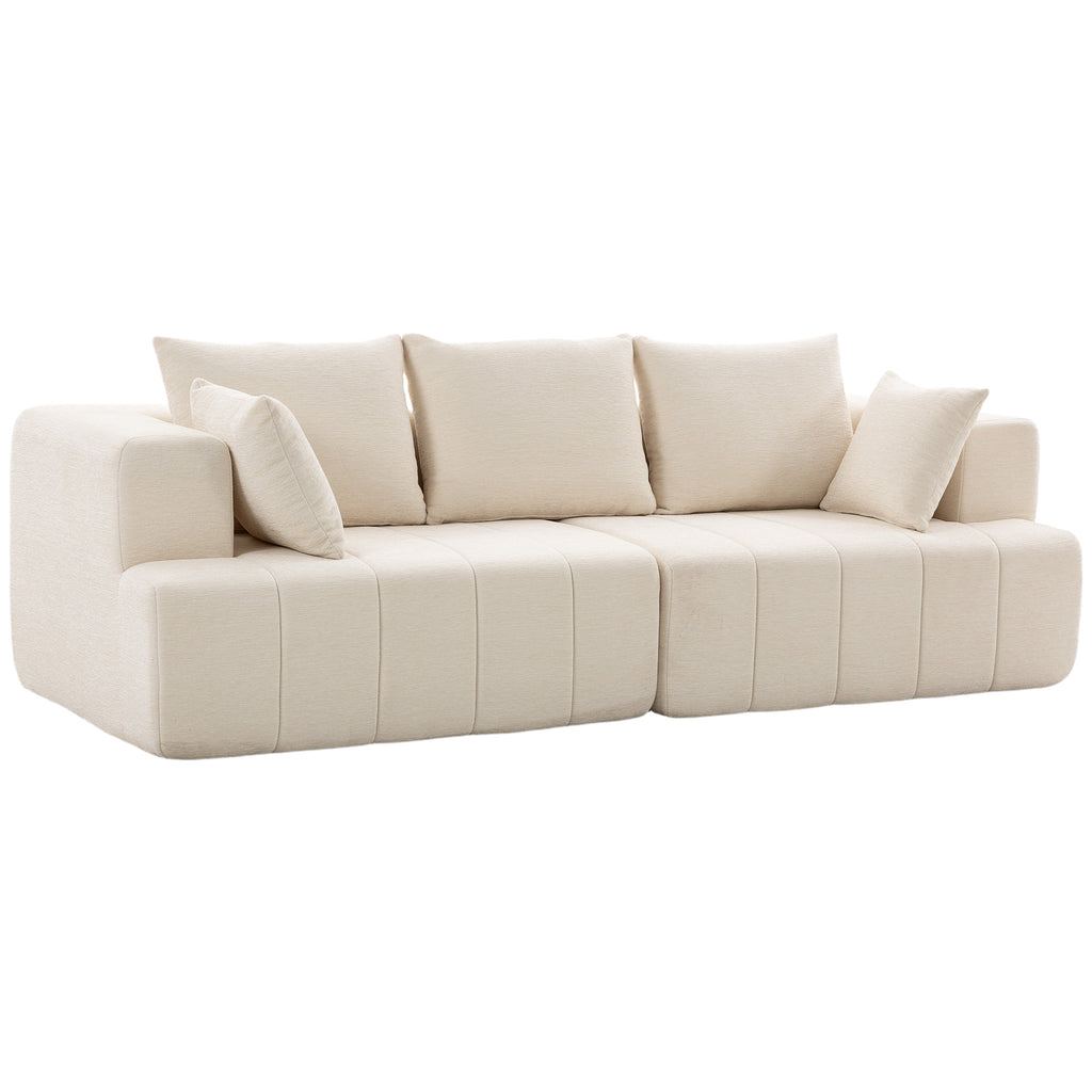 Canapé 3 places en chenille 248 cm, canapé salon moderne, large assise rembourrée, coussins à ressorts, beige