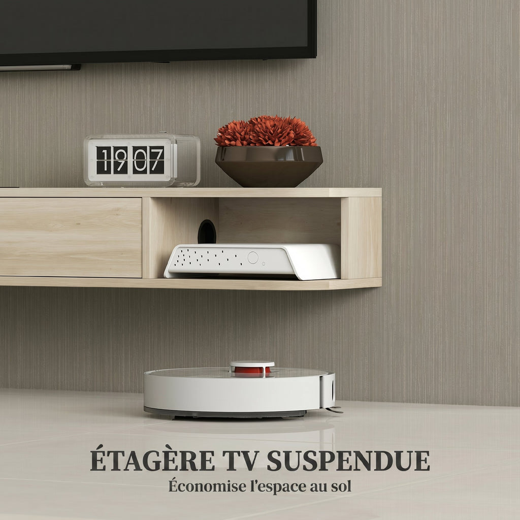 Meuble TV Suspendu Bois Naturel 140 cm – Tiroir Rabattable, 2 Étagères, Pour TV jusqu'à 60"