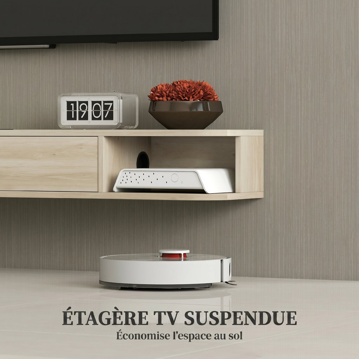 Meuble TV Suspendu Bois Naturel 140 cm – Tiroir Rabattable, 2 Étagères, Pour TV jusqu'à 60"