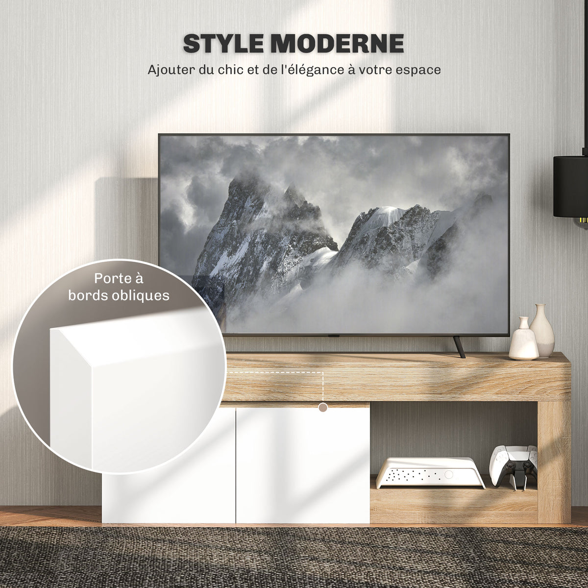 Meuble TV 2 portes pour téléviseurs jusqu'à 60 pouces, meuble télé avec placard et étagère ouverte, effet bois naturel