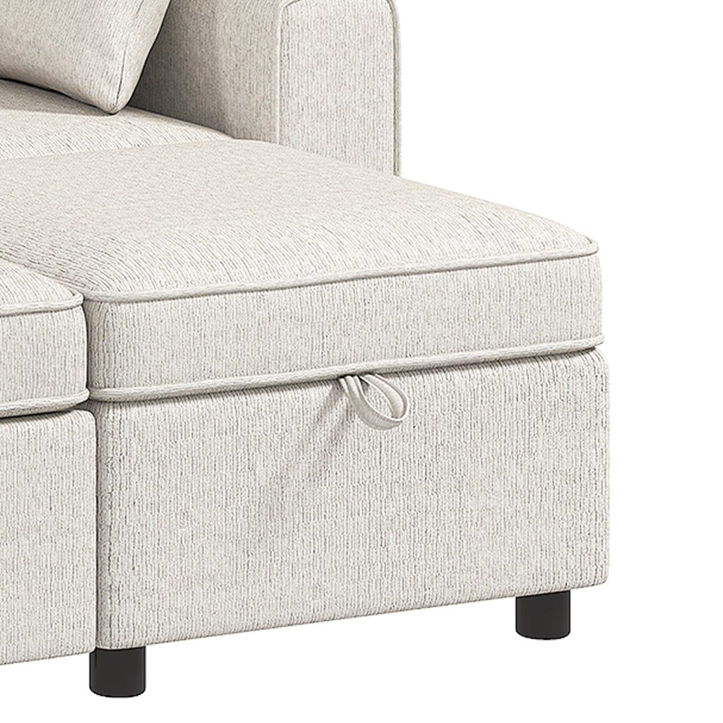 Canapé d'Angle Convertible en Chenille, Canapé-Lit 3 Places Modulaire 225 cm avec Pouf de Rangement, Beige