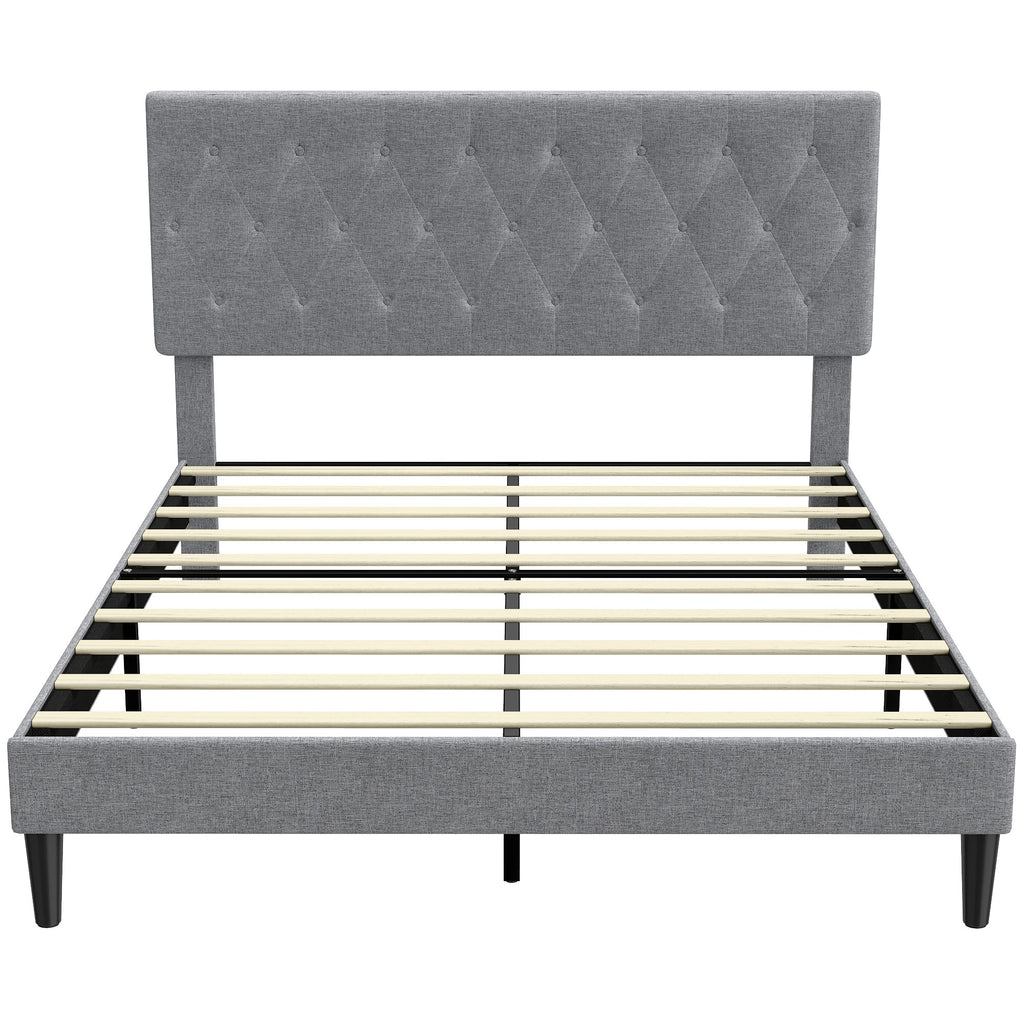 Cadre de Lit 140 x 190 cm avec Sommier, Lit Double Rembourré en Lin, Tête Capitonnée, Support à 10 Lattes, Gris