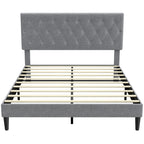 Cadre de Lit 140 x 190 cm avec Sommier, Lit Double Rembourré en Lin, Tête Capitonnée, Support à 10 Lattes, Gris
