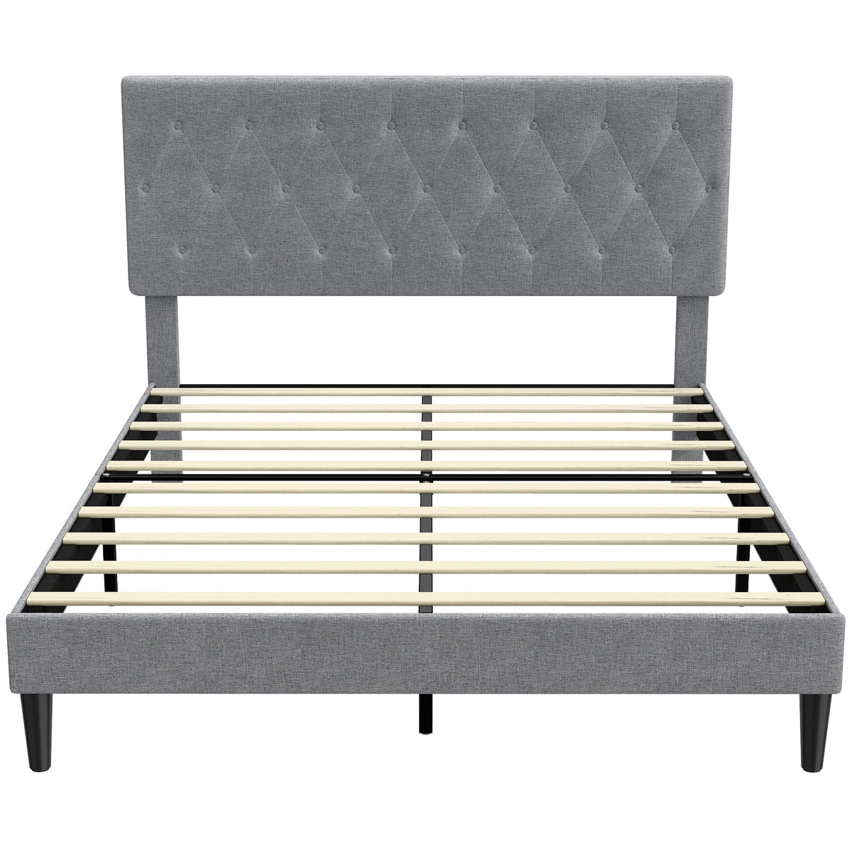 Cadre de Lit 140 x 190 cm avec Sommier, Lit Double Rembourré en Lin, Tête Capitonnée, Support à 10 Lattes, Gris