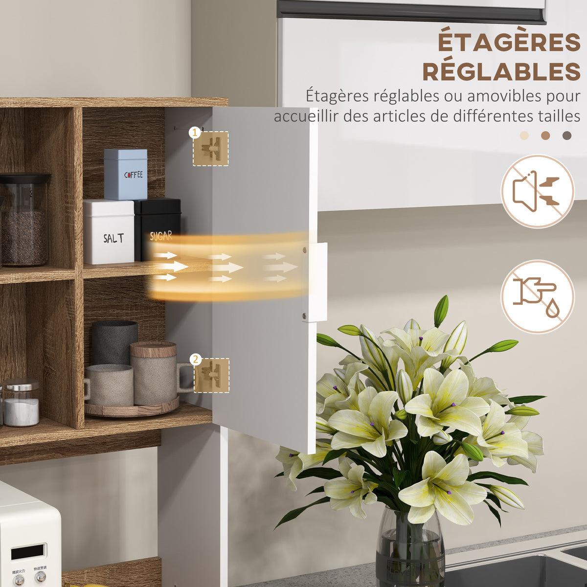 Armoire de cuisine Buffet meuble de rangement, 2 placards 4 portes 1 tiroir, passe-câbles 80L x 40P x 180H cm