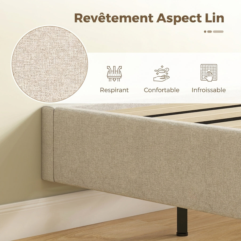 Lit Flottant 160 x 200 cm avec Éclairage LED Intelligent, Cadre de Lit Double Rembourré en Lin, Montage Facile, Beige