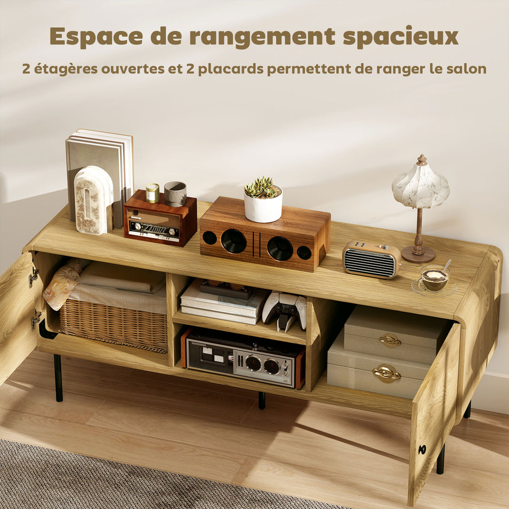 Meuble TV, meuble télé jusqu'à 55 pouces avec 2 portes, 2 compartiments ouverts, pieds en acier, 120x40x50cm, chêne