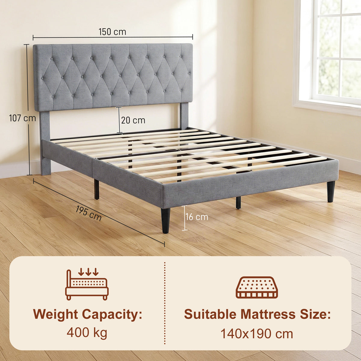 Cadre de Lit 140 x 190 cm avec Sommier, Lit Double Rembourré en Lin, Tête Capitonnée, Support à 10 Lattes, Gris