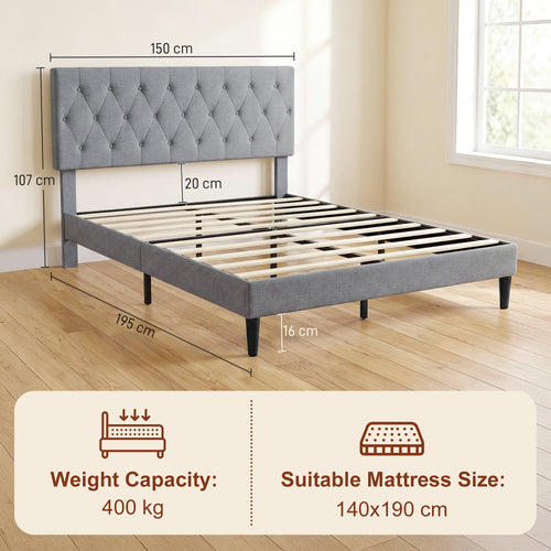 Cadre de Lit 140 x 190 cm avec Sommier, Lit Double Rembourré en Lin, Tête Capitonnée, Support à 10 Lattes, Gris