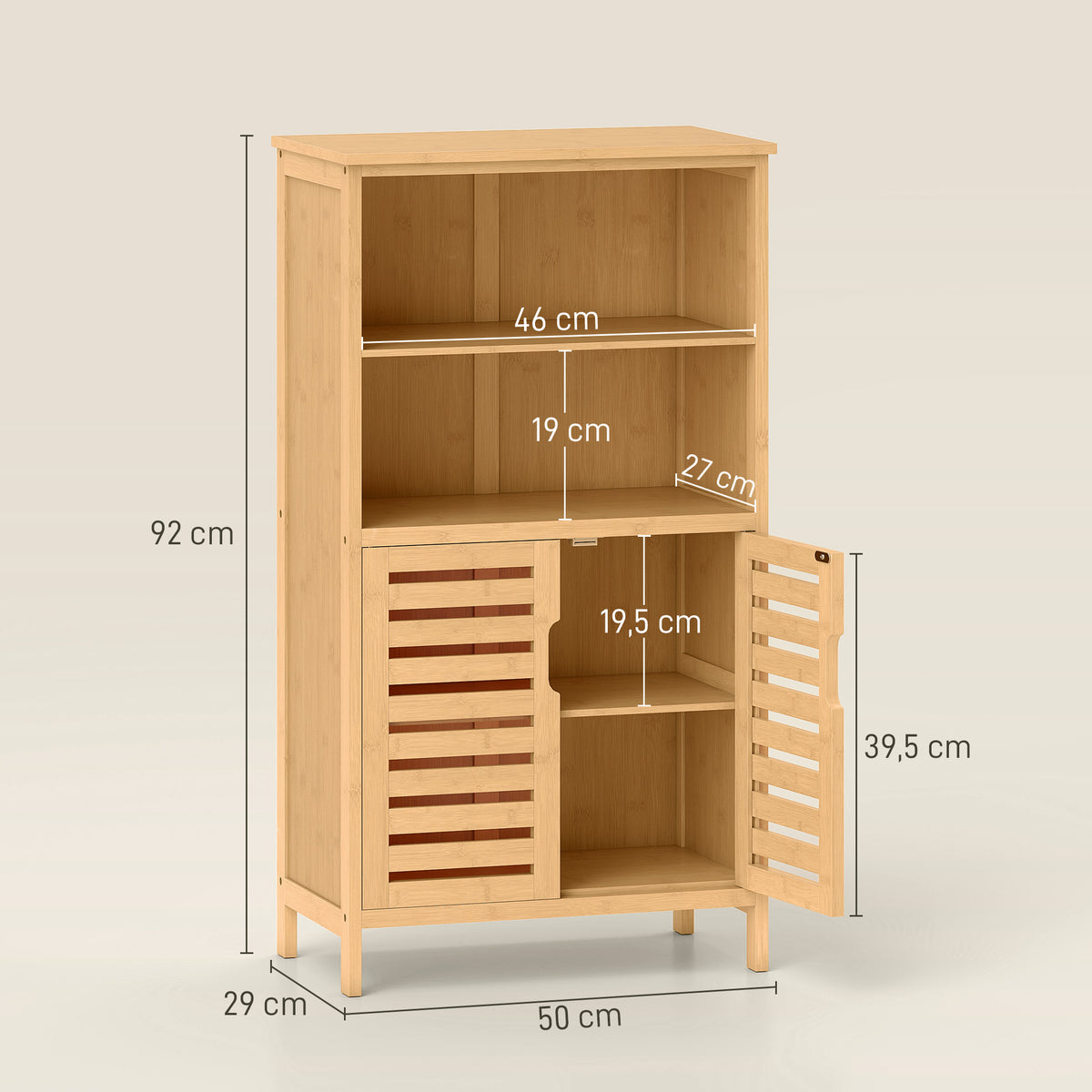 Meuble de rangement salle de bain en bambou avec 2 portes ajourées et 2 compartiments 50 x 29 x 92 cm naturel