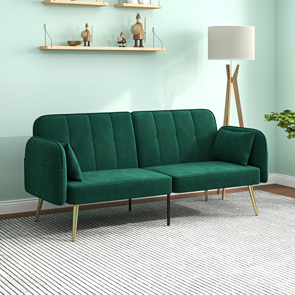 Canapé convertible 2 places canapé-lit canapé clic-clac en tissu velours avec dossier réglable, vert foncé
