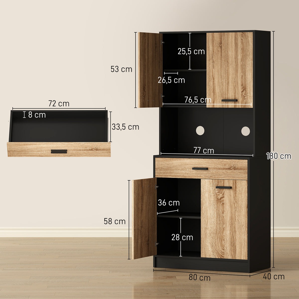 Armoire de cuisine Buffet meuble de rangement, 2 placards 4 portes 1 tiroir, passe-câbles 80L x 40P x 180H cm