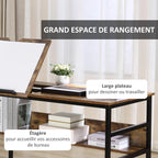 Bureau informatique design industriel - plateau relevable, étagère - panneaux particules aspect vieux bois métal noir